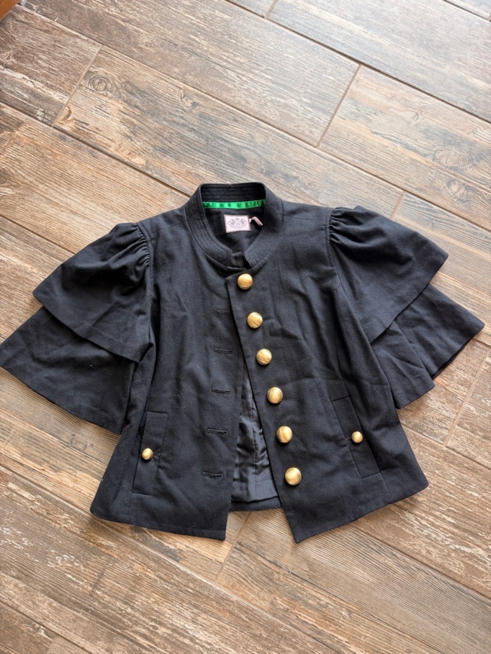 Juicy Couture Pirate Core Y2K Black Jacket with Pink Logo Patch and Green Trim